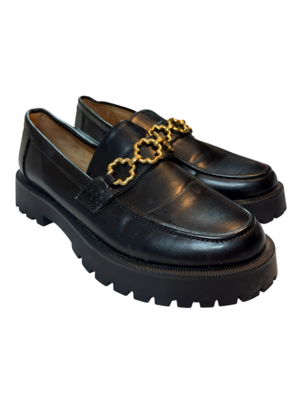 Sam & Libby Black Platform Loafers Gold Chain Detail Chunky Lug Sole Women’s 9 - Picture 1 of 5
